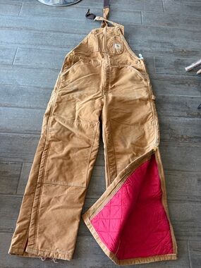 Vintage double Carhartt Brown/Tan Duck Canvas Overalls with red Quilted Lining